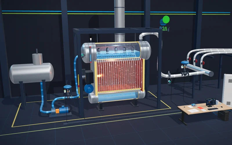 Vue 3D de la chaufferie : chaudière à tubes d’eau en coupe, bâche alimentaire, pompe, vannes et supervision